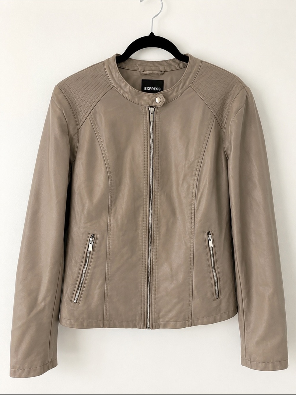 Express Taupe Faux Leather Moto Jacket | Quilted Shoulder | Size XL